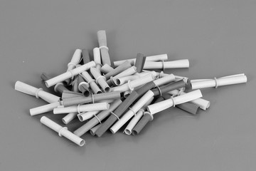 black and white of a heap from tombola tickets in the studio