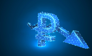 Russian Ruble currency, Downtrend arrow, digital neon 3d illustration. Polygonal Raster business crisis, crash, data cash, finance concept. Low poly wireframe, triangle, lines, dots. Blue background