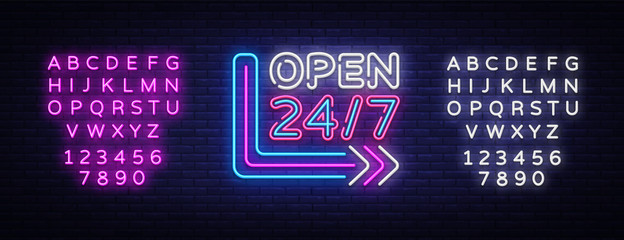 24 7 Neon Sinboard Vector. Open all day neon sign, design template, modern trend design, night signboard, night bright advertising, light banner, light art. Vector. Editing text neon sign