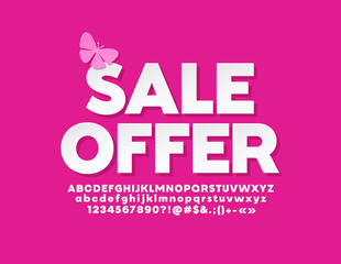 Vector cute banner Sale Offer with butterfly. Modern white Font. Flat Alphabet Letters, Numbers and Symbols
