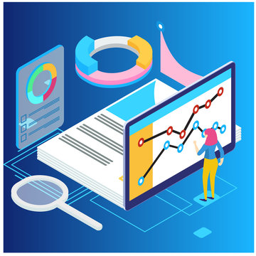Isometric Web Banner Data Analisis And Statistics Concept. Vector Illustration Business Analytics, Data Visualization. Technology, Internet And Network Concept