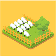 Agricultural compositions isometric set with farm buildings and vehicles livestock and fishing cultivated lands isolated vector illustration - Vector