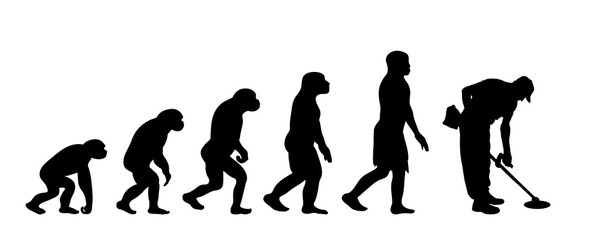 Painted theory of evolution of man. Vector silhouette of homo sapiens. Symbol from monkey to worker with brushcutter.