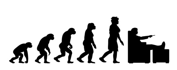 Painted theory of evolution of woman. Vector silhouette of homo sapiens. Symbol from monkey to watcher TV.