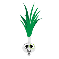 Painted vector illustration of happy spring onion with eyes and mouth on white background. Symbol of fruit, food,vegetarian,vegan.