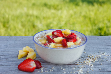 Oatmeal porridge in bowl topped with fresh strawberry and pineapple. Outdoor image, green meadow in background. Healthy eating.