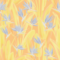 Bird of paradise tropical flower vector seamless pattern. Jungle plant paradise tropical summer fabric design. South African plant tropical blossom of crane flower, strelitzia. Floral wallpaper.