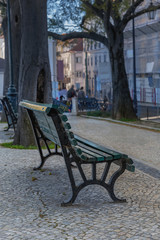 Fototapeta na wymiar Wooden bench on a stone walkway in the city park of the Portuguese city of Porto