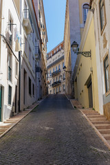 narrow cobbled streets in the old part of the Portuguese city of Lisbon
