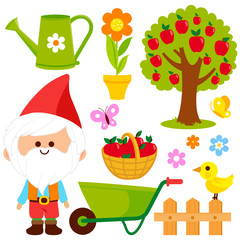 Gardening illustration collection with garden gnome, wheelbarrow and gardening tools in springtime. Vector illustration