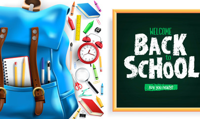 Back to School Greeting Message In White Background Banner with 3D Realistic Design Blue Backpack and School Supplies Like Notebook, Pen, Pencil, Colors, Ruler, Magnifying Glass, Eraser, Paper Clip, 