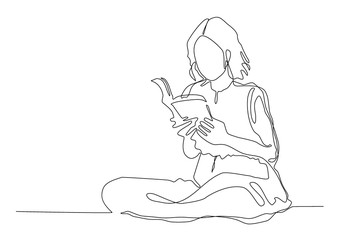 Continuous line drawing woman. Girl sitting reading a book