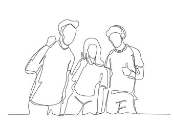 Fototapeta na wymiar Continuous line drawing of three cheering guys