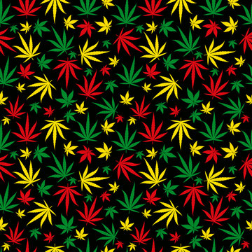 Rasta pattern. Reggae colour ornament. Marijuana seamless background. Rastafarian cannabis hemp template fill. Vector flat Illustration. Square clipart.
