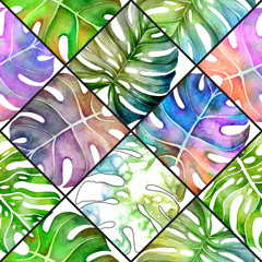 Seamless watercolor background of tropical leaves and flowers.