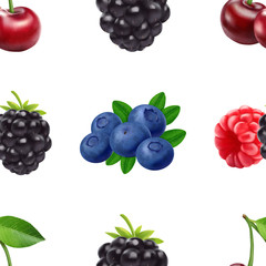 Blackberry blueberry cherry and raspberry seamless pattern. 3d realistic vector berries.