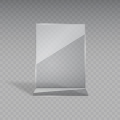 Stand or acrylic table tent, card holder isolated on transparent background. Vector empty flyer glass display. Plastic frame of photo, paper sheet mock up or restaurant menu for your design.