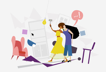 Two girls making a selfie in the flat. Beauty content blogging, sharing the news and happy everyday life concept. 