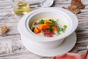 Cream soup with tuna, pumpkin and cabbage. Rosemary.  