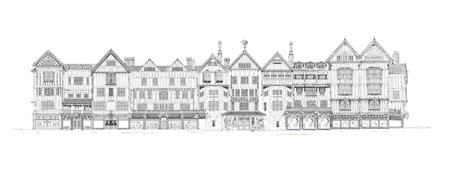 The Liberty house detailed illustration. English architecture of 19 the century. Department store in London, UK. Sketch collection.