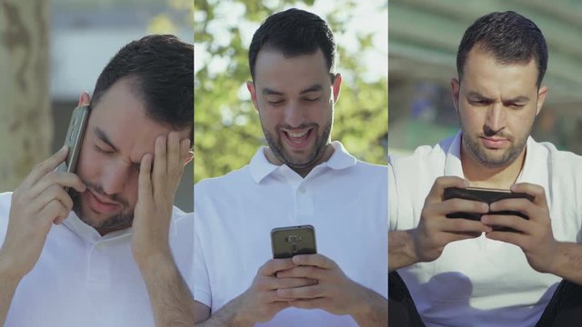 Collage Of Handsome Young Caucasian Man In White T-shirt Sitting Outside, Playing Game On Phone, Winning, Talking On Phone, Looking Upset. Communication, Online Shopping Concept