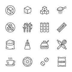 Sugar cane, cube flat line icons set. Sweetener, stevia, bakery products vector illustrations. Outline signs for sugarless food. Pixel perfect 64x64. Editable Strokes