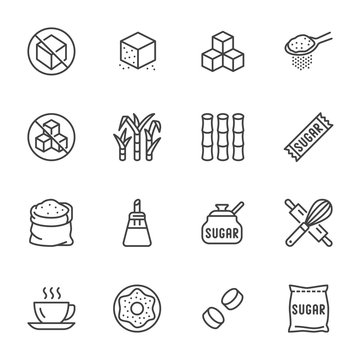 Sugar cane, cube flat line icons set. Sweetener, stevia, bakery products vector illustrations. Outline signs for sugarless food. Pixel perfect 64x64. Editable Strokes