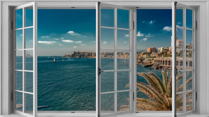 View of the city of Genoa through open windows