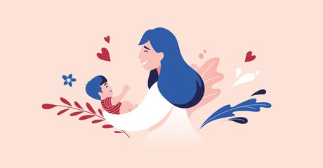 Vector Illustration Of Mother Holding Baby Son In Arms. Floral Background.