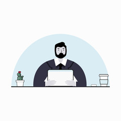 Businessman with computer, coffee cup, cactus
