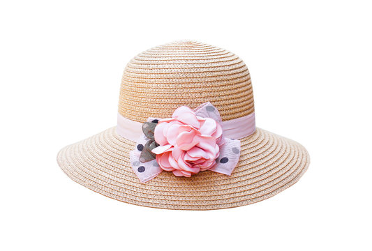 Woman straw hat with colorful pink fabric flower patterns isolated on white background with clipping path