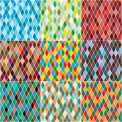 Harlequin's polychromatic mosaic patchwork, multi-colored seamless patterns, set of 9 colorful tiles.