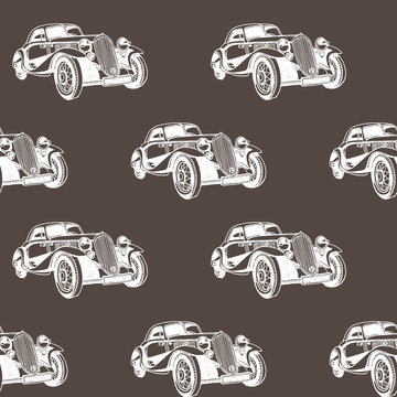 Hand drawn doodle cartoon cars seamless pattern. Wallpaper for baby boy. Transport sketch.