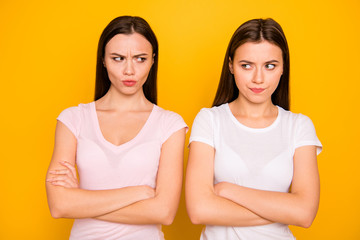 Portrait of nice-looking cute charming lovely attractive irritated annoyed straight-haired ladies...