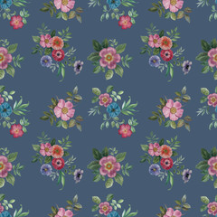 Seamless watercolor flowers pattern. Hand painted flowers of different colors. Flowers for design. Ornament flowers and leaves.