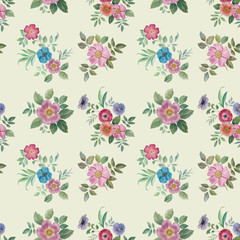 Seamless watercolor flowers pattern. Hand painted flowers of different colors. Flowers for design. Ornament flowers and leaves.