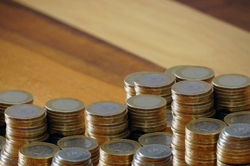 Turkish coin liras and purse on wooden background cleavage for the text available