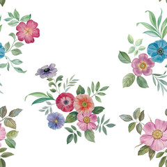 Seamless watercolor pattern. Hand painted leaves of different colors on a white background.