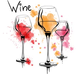 Foto op Plexiglas A set of vector and watercolor drawings of glass of rose, red, and white wine with splashes of paint, on white background © YuliiaMazurkevych