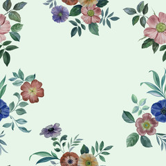 Seamless watercolor flowers pattern. Hand painted flowers of different colors. Flowers for design. Ornament flowers and leaves.