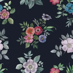 Fototapeten Seamless watercolor flowers pattern. Hand painted flowers of different colors. Flowers for design. Ornament flowers and leaves. © Sergei
