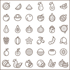 Set of fruit and vegetarian food Icons line style.  Contains such Icons as fig, papaya, coconut, mangosteen, avocado, peach, watermelon, lychee And Other Elements. 