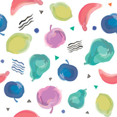 Vector cute hand drawing fruits seamless pattern. Background with watercolor fruit