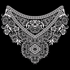 Neckline ethnic design. Floral black and white lace pattern. Vector print with decorative elements for embroidery, for women's clothing.