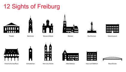 12 Sights of Freiburg im Breisgau - obrazy, fototapety, plakaty