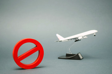 The sign of the ban and a miniature toy aircraft. Ban on flights of civil aircraft. Forbidden zone....