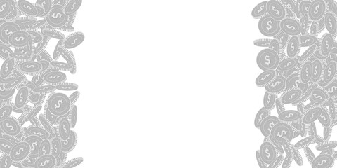 American dollar coins falling. Scattered black and