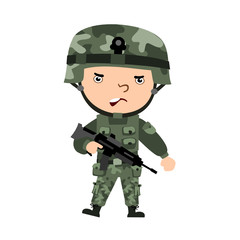 Fototapeta premium Angry soldier in cartoon style with machine gun in hand in modern outfit isolated on white background