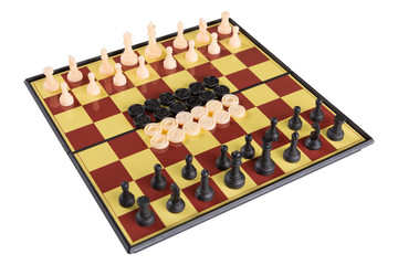 chess and checkers on a brown chessboard, on a white background, isolate