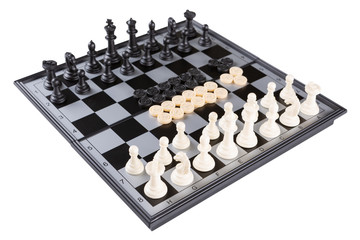 black and white chess and checkers on a black and gray chessboard, on a white background, isolate